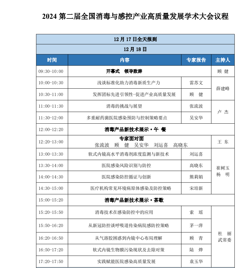 2024深圳国际消毒博览会消毒与感控产业高质量发展学术大会日程安排